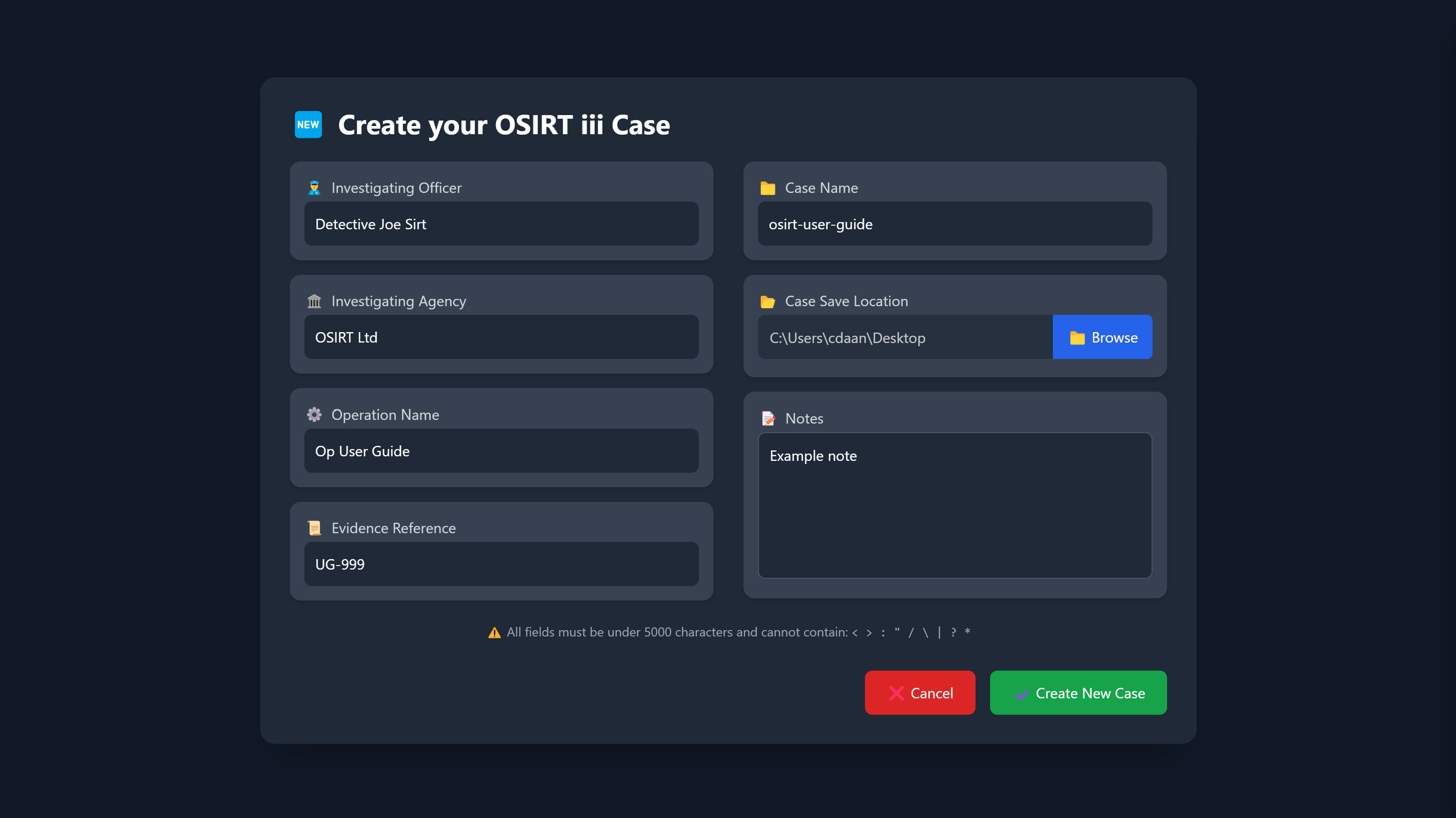 create new case screen