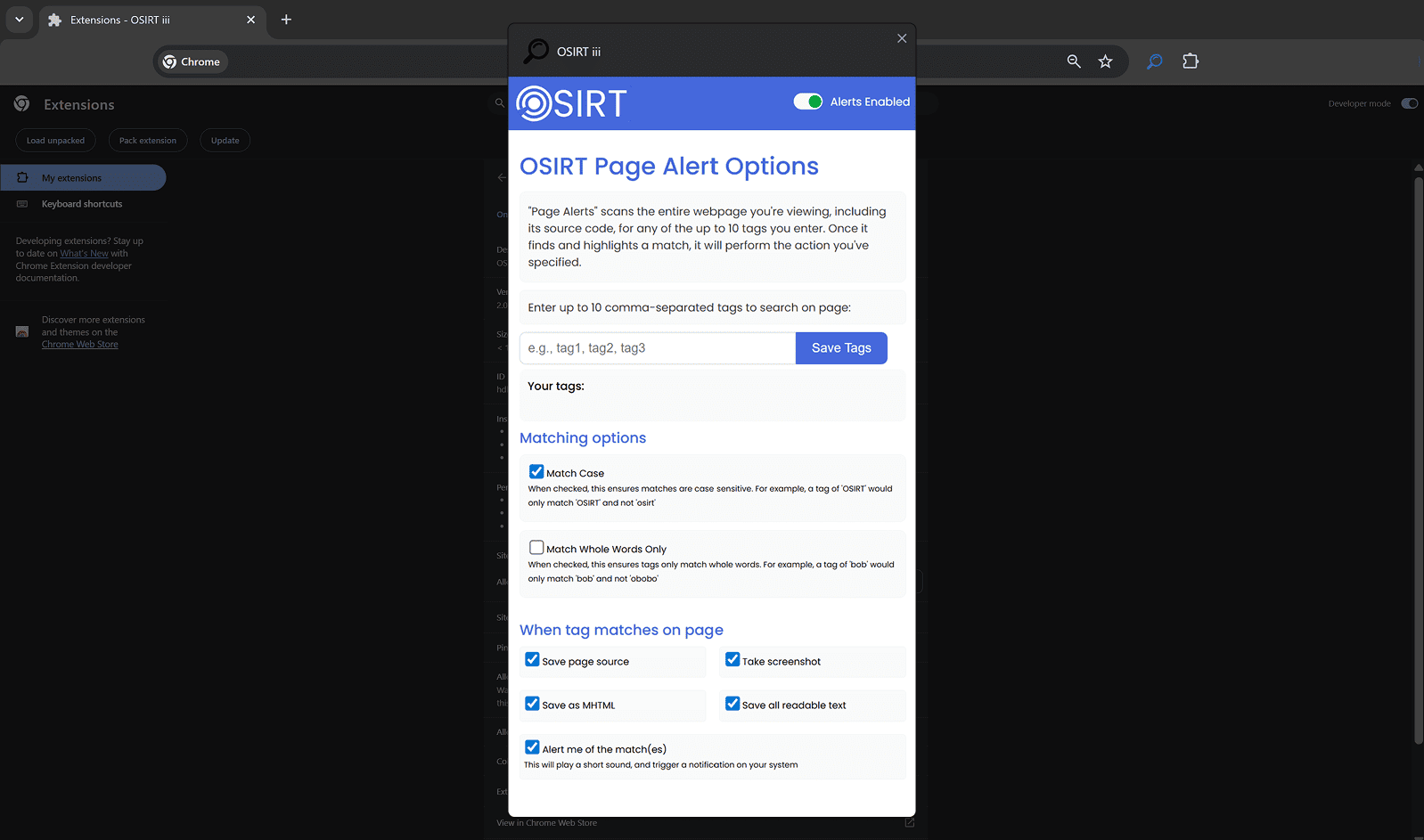 Placeholder - OSIRT iii extension page alerts settings