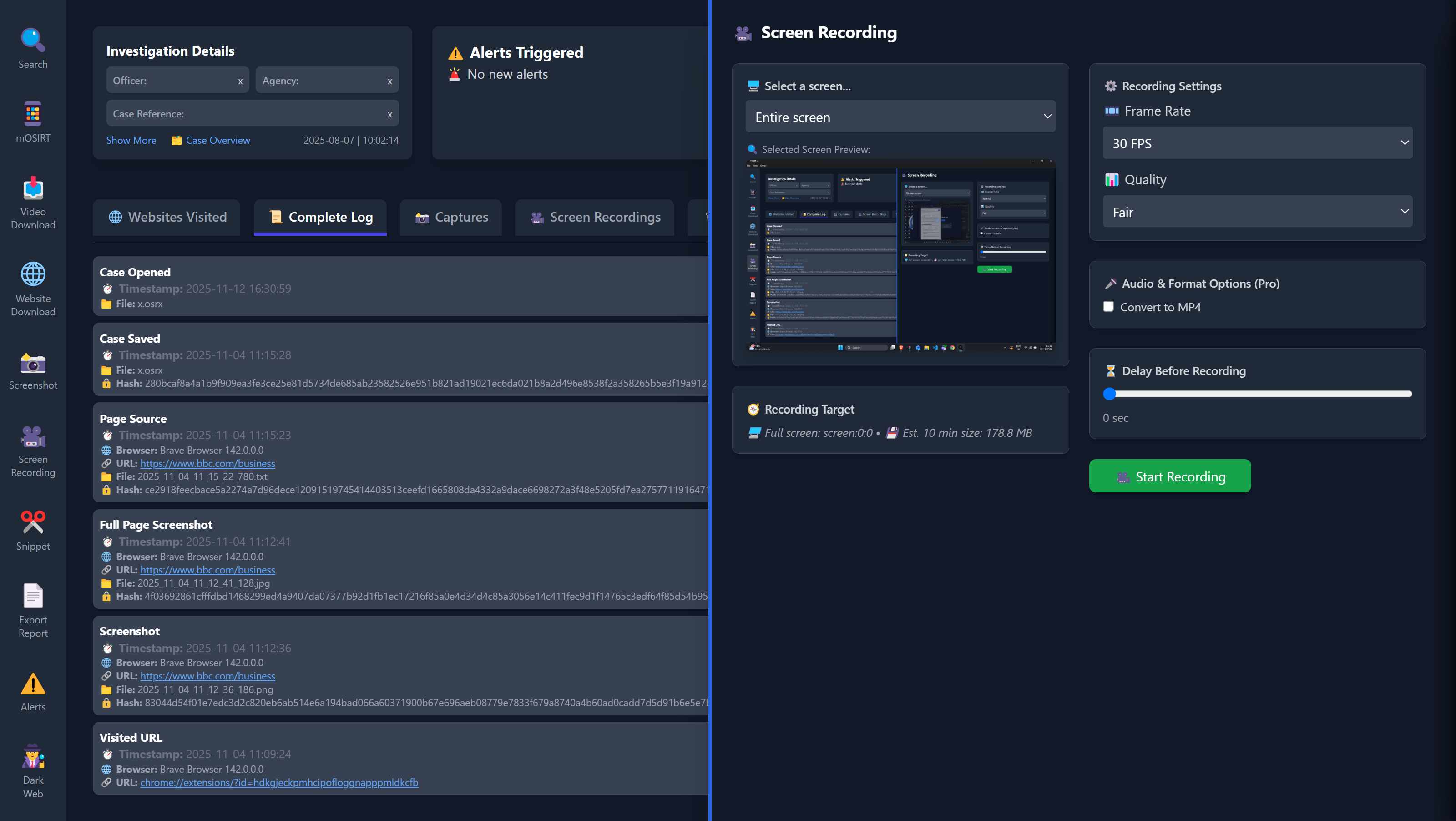 OSIRT iii Screen Recording Interface